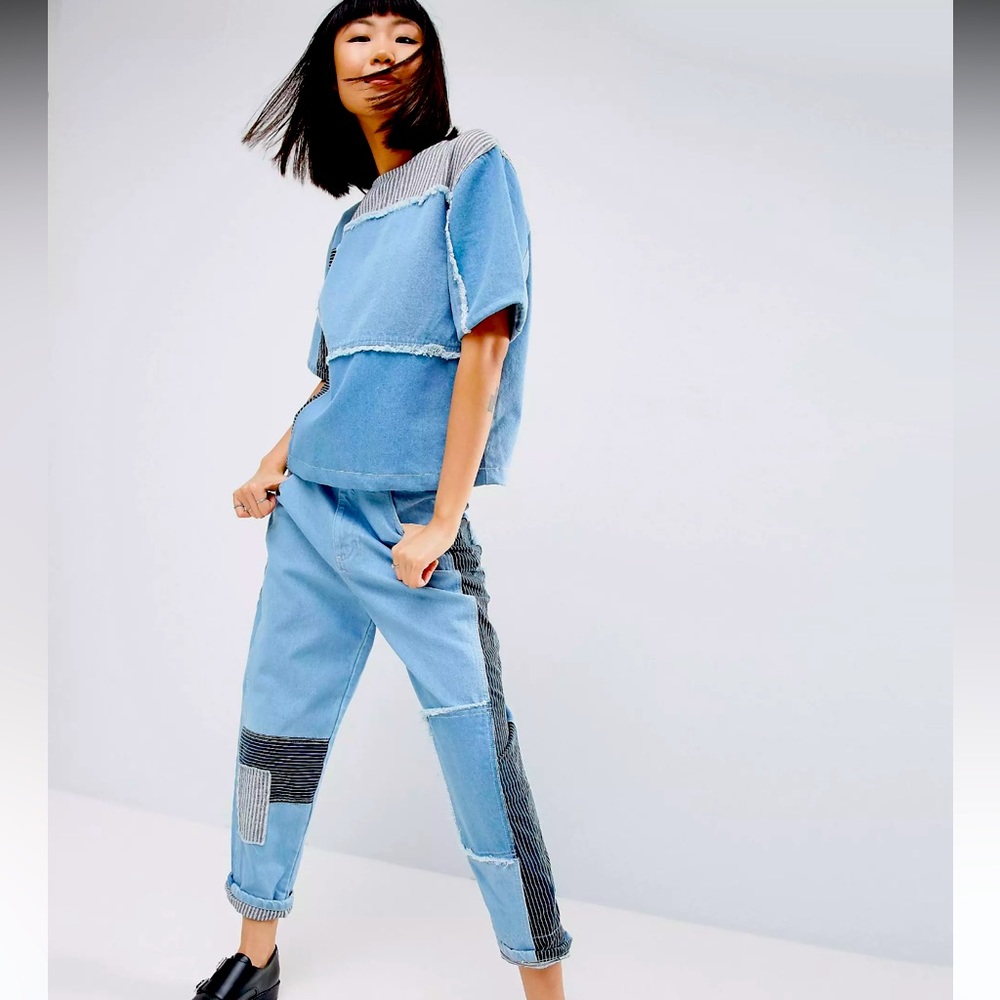 ASOS WHITE Patchwork Two Piece Set In Multi Tonal Washes
